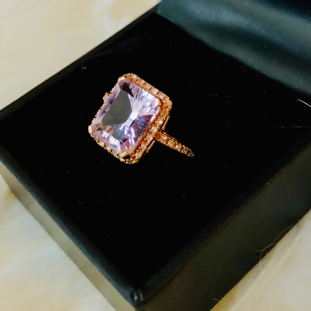 Pink amethyst & diamond ring set in 10k rose gold